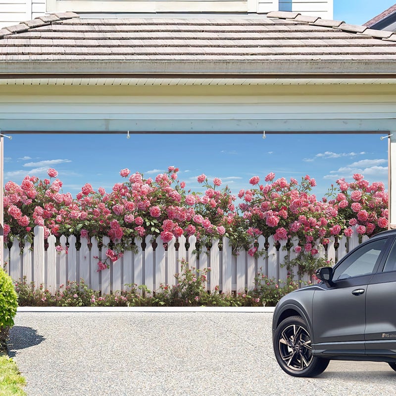ANNA QUEEN Rose Garden Garage Door Banner 6x13FT, Pink Roses and White Fence Garage Door Cover, Large Outdoor Floral Decoration for Garage Doors, Garden Fence & Spring Summer Party Backdrop - Image 2